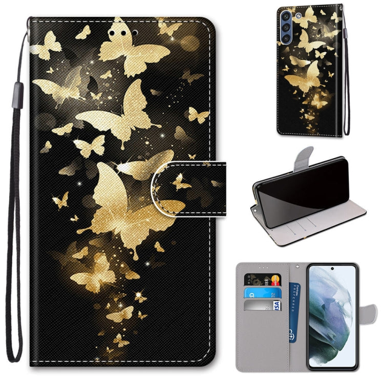 For Samsung Galaxy S21 FE Coloured Drawing Cross Texture Horizontal Flip PU Leather Case with Holder & Card Slots & Wallet & Lanyard(Golden Butterfly Group) by buy2fix