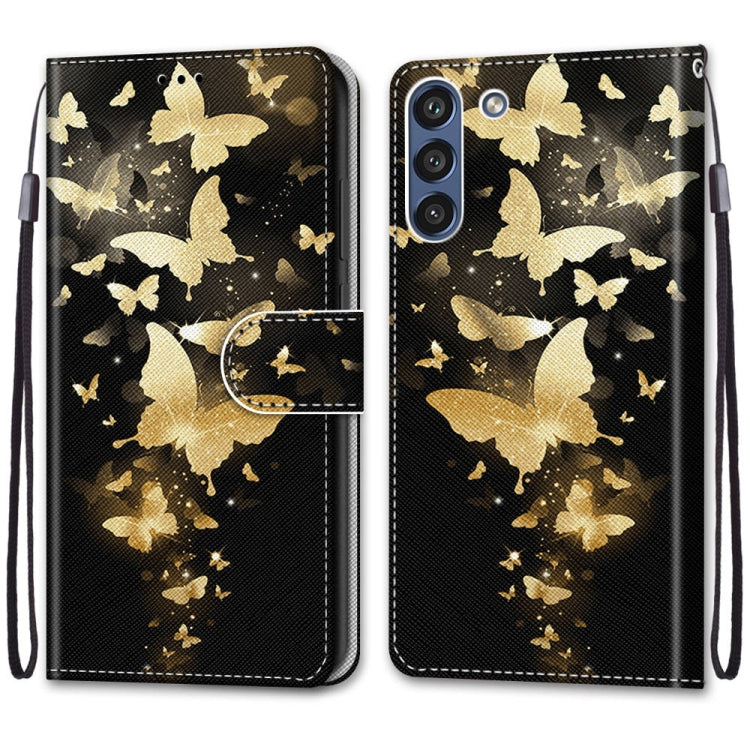 For Samsung Galaxy S21 FE Coloured Drawing Cross Texture Horizontal Flip PU Leather Case with Holder & Card Slots & Wallet & Lanyard(Golden Butterfly Group) by buy2fix