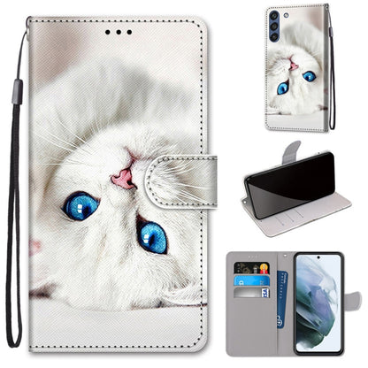 For Samsung Galaxy S21 FE Coloured Drawing Cross Texture Horizontal Flip PU Leather Case with Holder & Card Slots & Wallet & Lanyard(White Kitten) by buy2fix