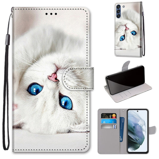 For Samsung Galaxy S21 FE Coloured Drawing Cross Texture Horizontal Flip PU Leather Case with Holder & Card Slots & Wallet & Lanyard(White Kitten) by buy2fix