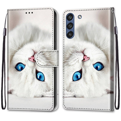 For Samsung Galaxy S21 FE Coloured Drawing Cross Texture Horizontal Flip PU Leather Case with Holder & Card Slots & Wallet & Lanyard(White Kitten) by buy2fix