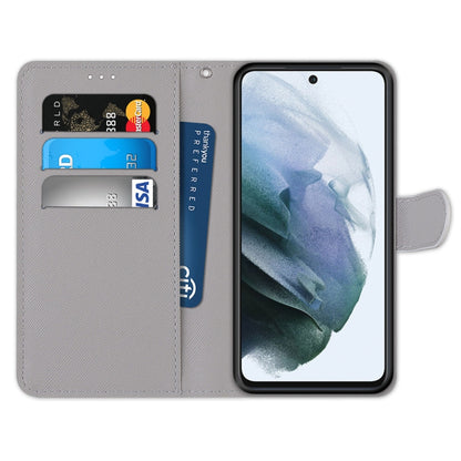 For Samsung Galaxy S21 FE Coloured Drawing Cross Texture Horizontal Flip PU Leather Case with Holder & Card Slots & Wallet & Lanyard(White Kitten) by buy2fix