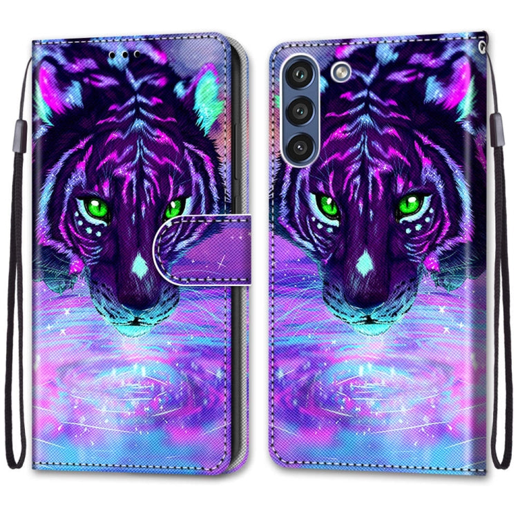 For Samsung Galaxy S21 FE Coloured Drawing Cross Texture Horizontal Flip PU Leather Case with Holder & Card Slots & Wallet & Lanyard(Tiger Drinking Water) by buy2fix