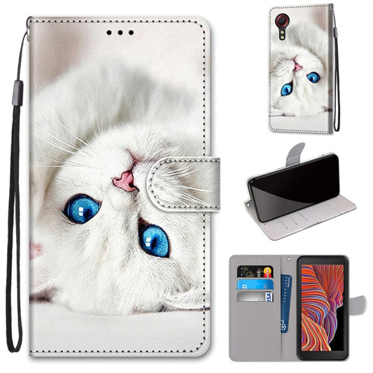 For Samsung Galaxy Xcover 5 Coloured Drawing Cross Texture Horizontal Flip PU Leather Case with Holder & Card Slots & Wallet & Lanyard(White Kitten) by buy2fix