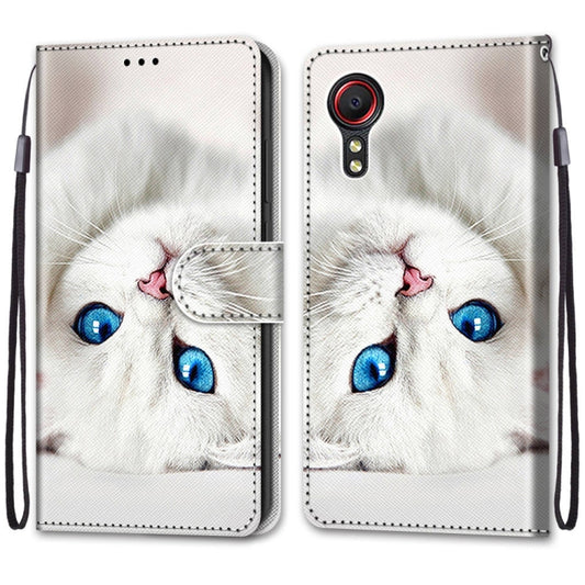For Samsung Galaxy Xcover 5 Coloured Drawing Cross Texture Horizontal Flip PU Leather Case with Holder & Card Slots & Wallet & Lanyard(White Kitten) by buy2fix