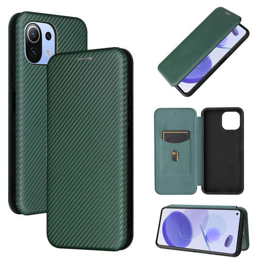 For Xiaomi Mi 11 Lite Carbon Fiber Texture Horizontal Flip TPU + PC + PU Leather Case with Card Slot(Green)