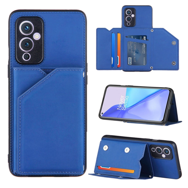For OnePlus 9 Skin Feel PU + TPU + PC Back Cover Shockproof Case with Card Slots & Holder & Photo Frame(Blue) by buy2fix
