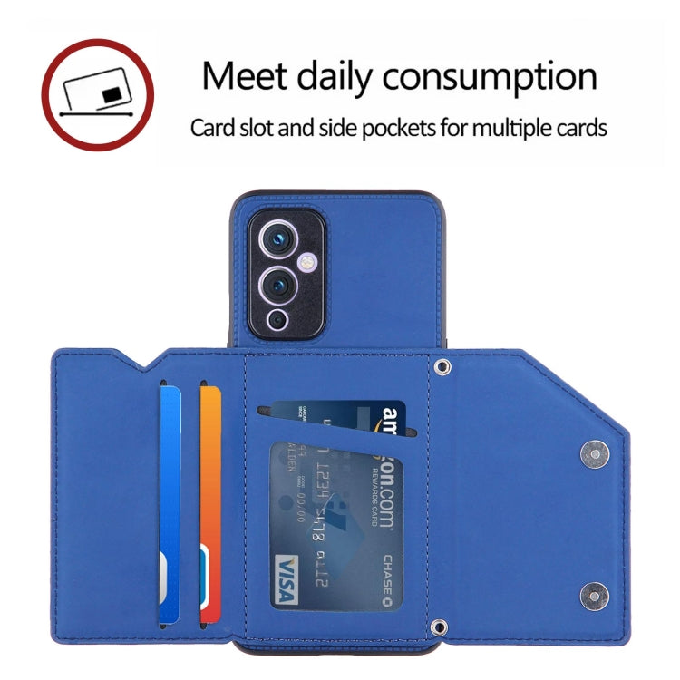 For OnePlus 9 Skin Feel PU + TPU + PC Back Cover Shockproof Case with Card Slots & Holder & Photo Frame(Blue) by buy2fix