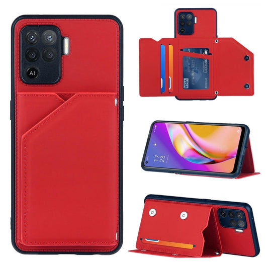 For OPPO A94 Skin Feel PU + TPU + PC Back Cover Shockproof Case with Card Slots & Holder & Photo Frame(Red) by buy2fix