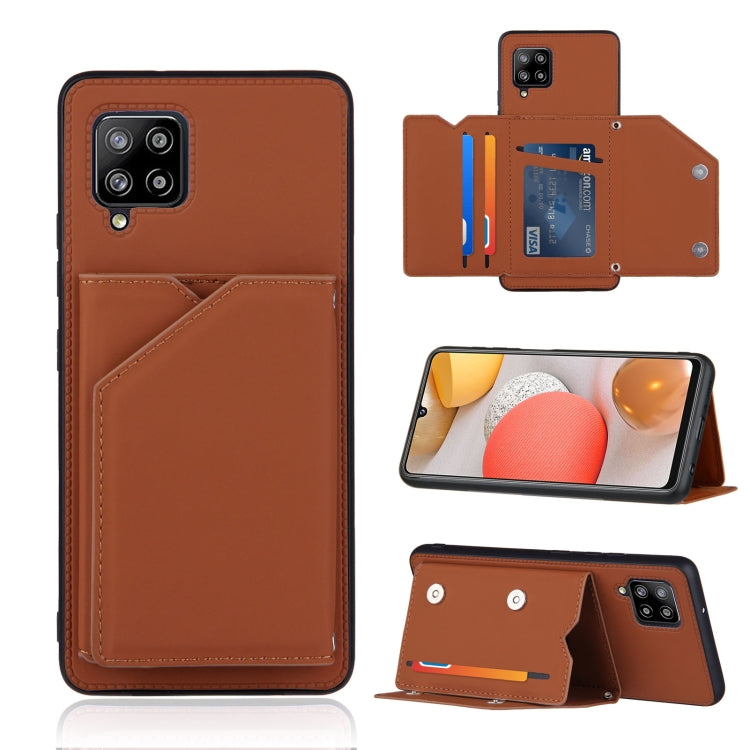 For Samsung Galaxy A42 5G Skin Feel PU + TPU + PC Back Cover Shockproof Case with Card Slots & Holder & Photo Frame(Brown) by buy2fix