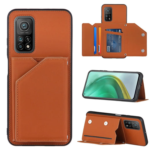 For Xiaomi Mi 10T 5G / 10T Pro 5G Skin Feel PU + TPU + PC Back Cover Shockproof Case with Card Slots & Holder & Photo Frame(Brown) - Xiaomi Cases by buy2fix | Online Shopping UK | buy2fix