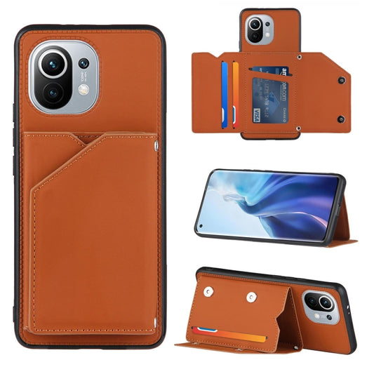 For Xiaomi Mi 11 Skin Feel PU + TPU + PC Back Cover Shockproof Case with Card Slots & Holder & Photo Frame(Brown) - Xiaomi Cases by buy2fix | Online Shopping UK | buy2fix