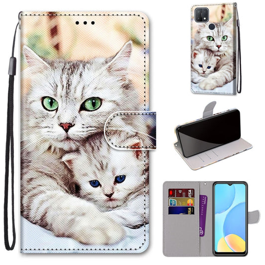 For OPPO A15 / A15s Coloured Drawing Cross Texture Horizontal Flip PU Leather Case with Holder & Card Slots & Wallet & Lanyard(Big Cat Holding Kitten) by buy2fix