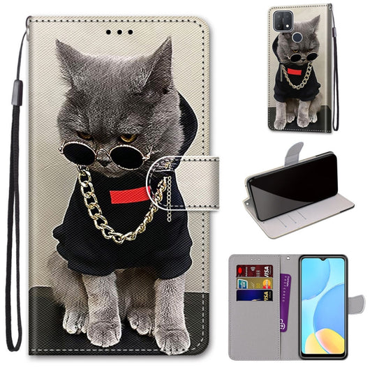 For OPPO A15 / A15s Coloured Drawing Cross Texture Horizontal Flip PU Leather Case with Holder & Card Slots & Wallet & Lanyard(Golden Chain Grey Cat) by buy2fix
