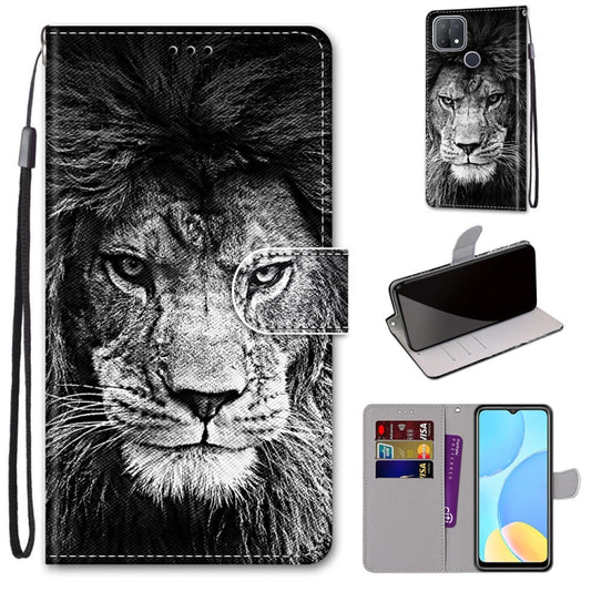 For OPPO A15 / A15s Coloured Drawing Cross Texture Horizontal Flip PU Leather Case with Holder & Card Slots & Wallet & Lanyard(Black White Lion Head) by buy2fix
