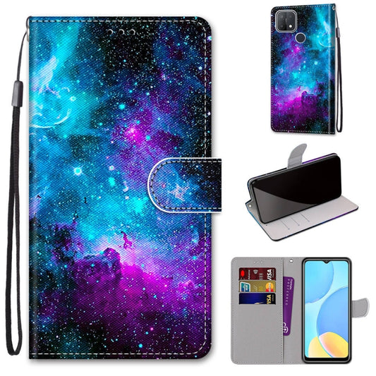 For OPPO A15 / A15s Coloured Drawing Cross Texture Horizontal Flip PU Leather Case with Holder & Card Slots & Wallet & Lanyard(Purple Green Starry Sky) by buy2fix