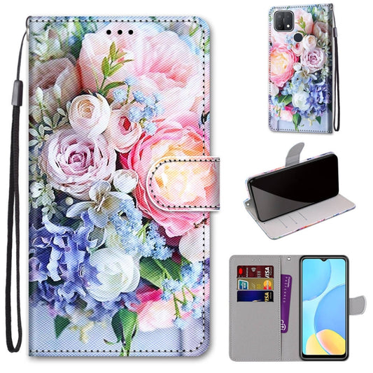 For OPPO A15 / A15s Coloured Drawing Cross Texture Horizontal Flip PU Leather Case with Holder & Card Slots & Wallet & Lanyard(Light Pink Bouquet) by buy2fix
