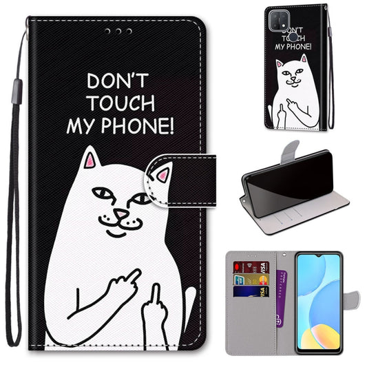 For OPPO A15 / A15s Coloured Drawing Cross Texture Horizontal Flip PU Leather Case with Holder & Card Slots & Wallet & Lanyard(Middle Finger White Cat) by buy2fix
