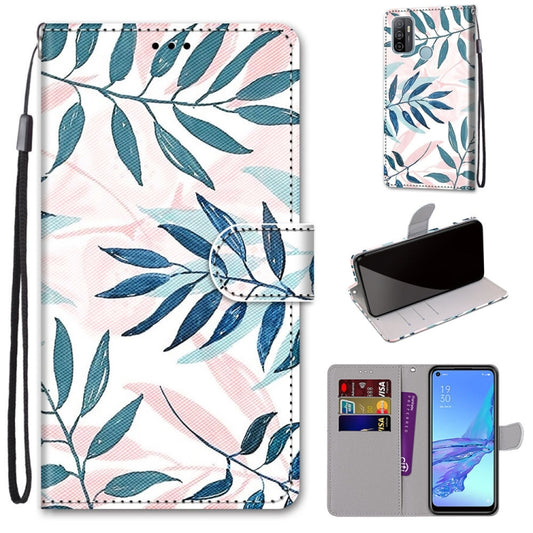 For OPPO A53 4G(2020) / A53s / A32 / A33 (2020) Coloured Drawing Cross Texture Horizontal Flip PU Leather Case with Holder & Card Slots & Wallet & Lanyard(Pink Green Leaf) by buy2fix