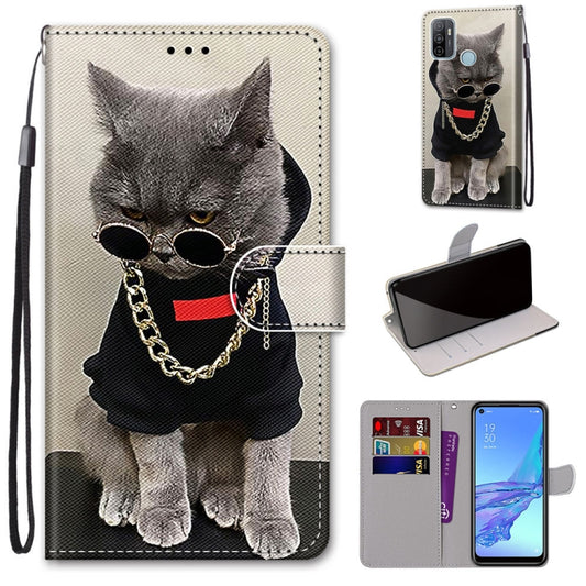 For OPPO A53 4G(2020) / A53s / A32 / A33 (2020) Coloured Drawing Cross Texture Horizontal Flip PU Leather Case with Holder & Card Slots & Wallet & Lanyard(Golden Chain Grey Cat) by buy2fix