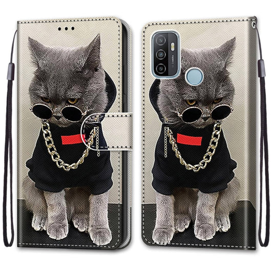 For OPPO A53 4G(2020) / A53s / A32 / A33 (2020) Coloured Drawing Cross Texture Horizontal Flip PU Leather Case with Holder & Card Slots & Wallet & Lanyard(Golden Chain Grey Cat) by buy2fix
