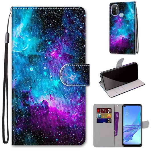 For OPPO A53 4G(2020) / A53s / A32 / A33 (2020) Coloured Drawing Cross Texture Horizontal Flip PU Leather Case with Holder & Card Slots & Wallet & Lanyard(Purple Green Starry Sky) by buy2fix
