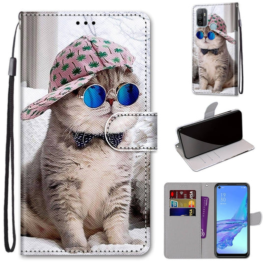For OPPO A53 4G(2020) / A53s / A32 / A33 (2020) Coloured Drawing Cross Texture Horizontal Flip PU Leather Case with Holder & Card Slots & Wallet & Lanyard(Slant Hat Blue Mirror Cat) by buy2fix
