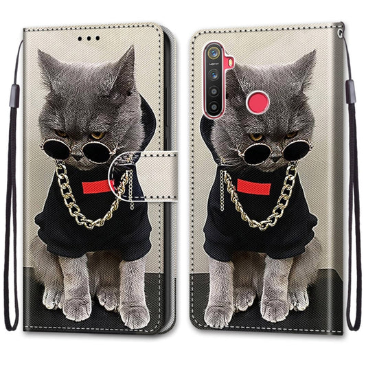 For OPPO Realme 5 / 5s / 5i / C3 / C3i / 6i / Narzo10 / 10A / 20A Coloured Drawing Cross Texture Horizontal Flip PU Leather Case with Holder & Card Slots & Wallet & Lanyard(Golden Chain Grey Cat) - Realme Cases by buy2fix | Online Shopping UK | buy2fix
