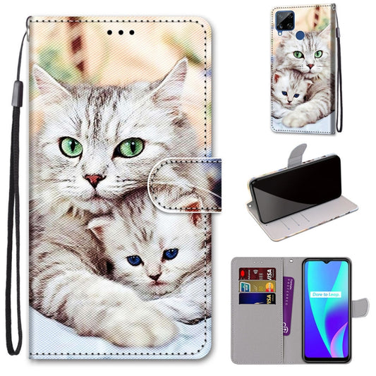For OPPO Realme C15 / C12 / C25 / 7i (Global) / Narzo 20 / 30A Coloured Drawing Cross Texture Horizontal Flip PU Leather Case with Holder & Card Slots & Wallet & Lanyard(Big Cat Holding Kitten) - Realme Cases by buy2fix | Online Shopping UK | buy2fix