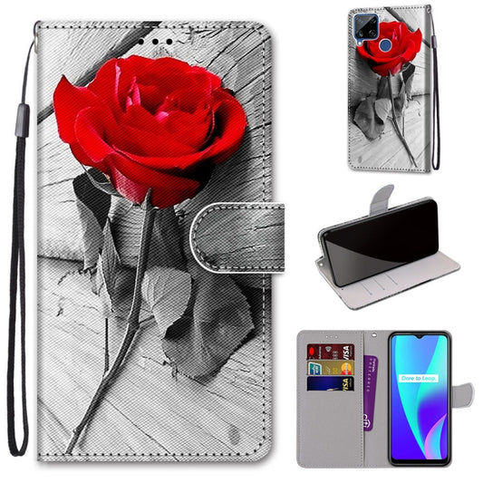 For OPPO Realme C15 / C12 / C25 / 7i (Global) / Narzo 20 / 30A Coloured Drawing Cross Texture Horizontal Flip PU Leather Case with Holder & Card Slots & Wallet & Lanyard(Wood Red Rose) - Realme Cases by buy2fix | Online Shopping UK | buy2fix