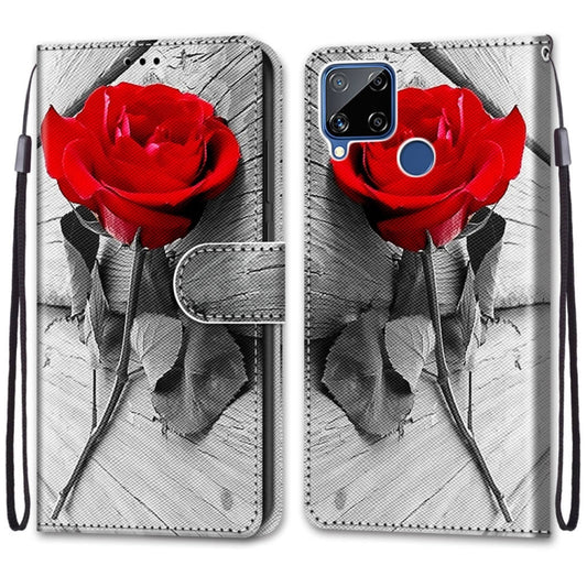 For OPPO Realme C15 / C12 / C25 / 7i (Global) / Narzo 20 / 30A Coloured Drawing Cross Texture Horizontal Flip PU Leather Case with Holder & Card Slots & Wallet & Lanyard(Wood Red Rose) - Realme Cases by buy2fix | Online Shopping UK | buy2fix