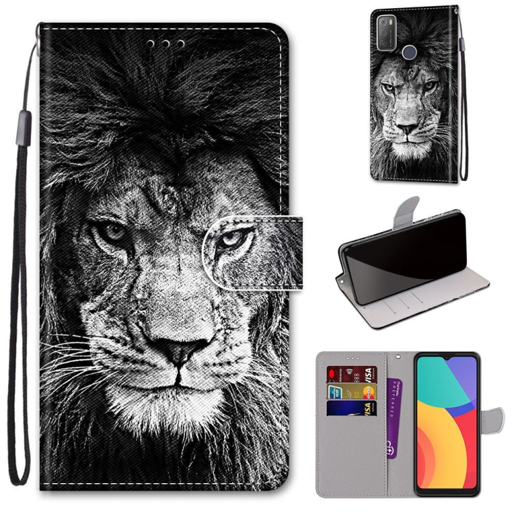 For Alcatel 3L 2021 Coloured Drawing Cross Texture Horizontal Flip PU Leather Case with Holder & Card Slots & Wallet & Lanyard(Black White Lion Head) - Alcatel Cases by buy2fix | Online Shopping UK | buy2fix