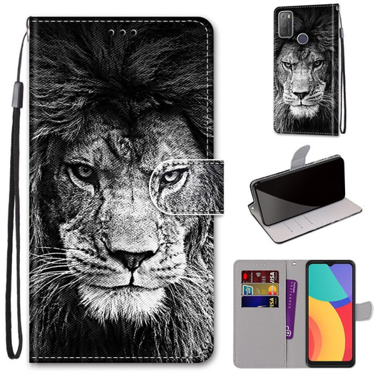 For Alcatel 3L 2021 Coloured Drawing Cross Texture Horizontal Flip PU Leather Case with Holder & Card Slots & Wallet & Lanyard(Black White Lion Head) - Alcatel Cases by buy2fix | Online Shopping UK | buy2fix