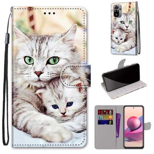 For Xiaomi Redmi Note 10 4G / Note 10S Coloured Drawing Cross Texture Horizontal Flip PU Leather Case with Holder & Card Slots & Wallet & Lanyard(Big Cat Holding Kitten)