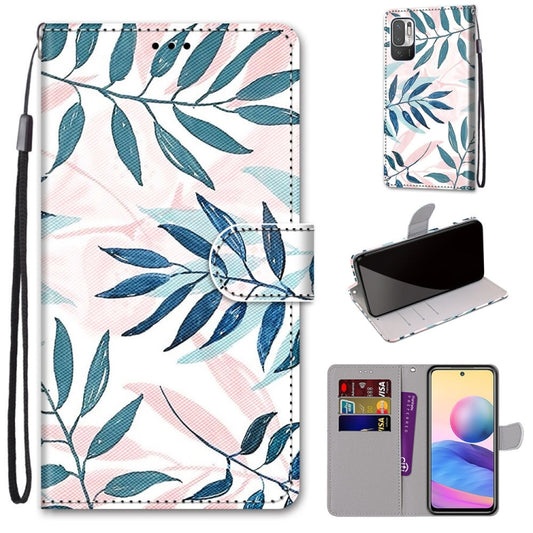 For Xiaomi Redmi Note 10 5G Coloured Drawing Cross Texture Horizontal Flip PU Leather Case with Holder & Card Slots & Wallet & Lanyard(Pink Green Leaf) - Xiaomi Cases by buy2fix | Online Shopping UK | buy2fix