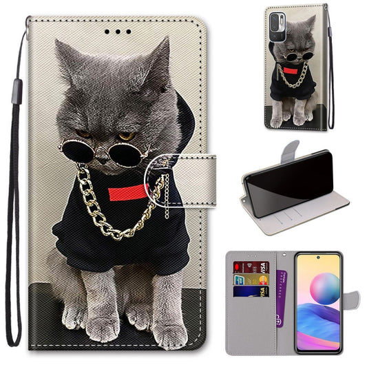 For Xiaomi Redmi Note 10 5G Coloured Drawing Cross Texture Horizontal Flip PU Leather Case with Holder & Card Slots & Wallet & Lanyard(Golden Chain Grey Cat) - Xiaomi Cases by buy2fix | Online Shopping UK | buy2fix