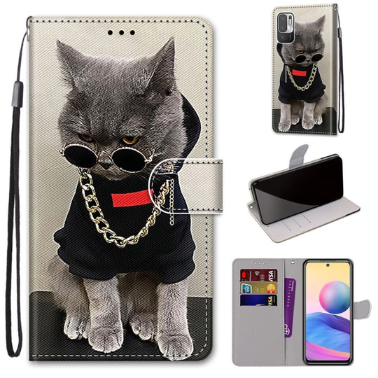 For Xiaomi Redmi Note 10 5G Coloured Drawing Cross Texture Horizontal Flip PU Leather Case with Holder & Card Slots & Wallet & Lanyard(Golden Chain Grey Cat)
