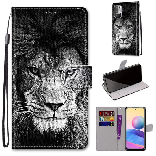 For Xiaomi Redmi Note 10 5G Coloured Drawing Cross Texture Horizontal Flip PU Leather Case with Holder & Card Slots & Wallet & Lanyard(Black White Lion Head)