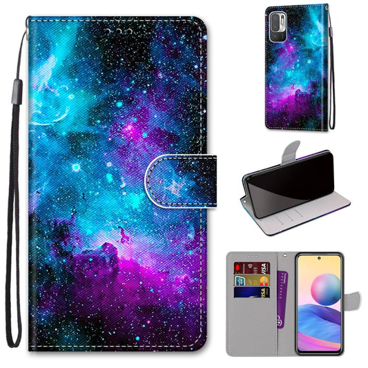 For Xiaomi Redmi Note 10 5G Coloured Drawing Cross Texture Horizontal Flip PU Leather Case with Holder & Card Slots & Wallet & Lanyard(Purple Green Starry Sky) - Xiaomi Cases by buy2fix | Online Shopping UK | buy2fix