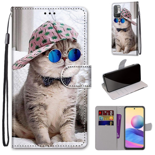For Xiaomi Redmi Note 10 5G Coloured Drawing Cross Texture Horizontal Flip PU Leather Case with Holder & Card Slots & Wallet & Lanyard(Slant Hat Blue Mirror Cat) - Xiaomi Cases by buy2fix | Online Shopping UK | buy2fix