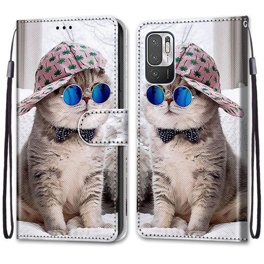 For Xiaomi Redmi Note 10 5G Coloured Drawing Cross Texture Horizontal Flip PU Leather Case with Holder & Card Slots & Wallet & Lanyard(Slant Hat Blue Mirror Cat) - Xiaomi Cases by buy2fix | Online Shopping UK | buy2fix