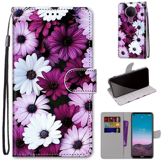 For Nokia 5.4 Coloured Drawing Cross Texture Horizontal Flip PU Leather Case with Holder & Card Slots & Wallet & Lanyard(Chrysanthemum Pink White Purple) - Nokia Cases by buy2fix | Online Shopping UK | buy2fix