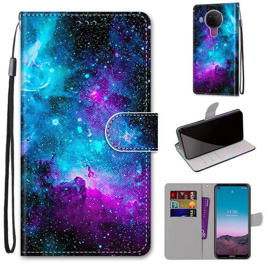 For Nokia 5.4 Coloured Drawing Cross Texture Horizontal Flip PU Leather Case with Holder & Card Slots & Wallet & Lanyard(Purple Green Starry Sky) - Nokia Cases by buy2fix | Online Shopping UK | buy2fix