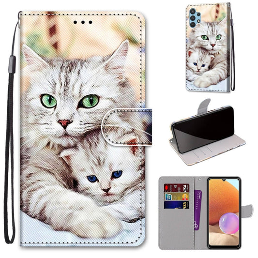 For Samsung Galaxy A32 4G / A32 Lite Coloured Drawing Cross Texture Horizontal Flip PU Leather Case with Holder & Card Slots & Wallet & Lanyard(Big Cat Holding Kitten) by buy2fix