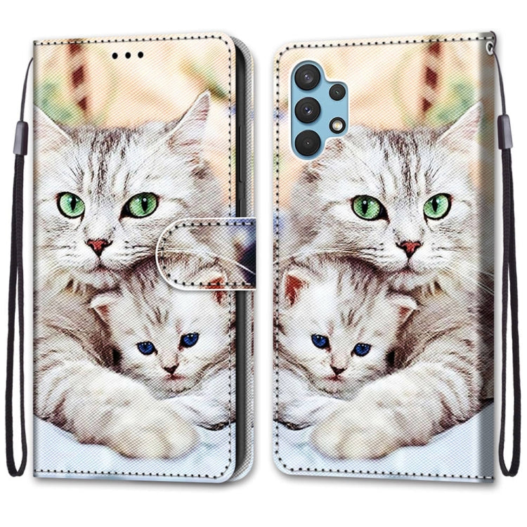For Samsung Galaxy A32 4G / A32 Lite Coloured Drawing Cross Texture Horizontal Flip PU Leather Case with Holder & Card Slots & Wallet & Lanyard(Big Cat Holding Kitten) by buy2fix