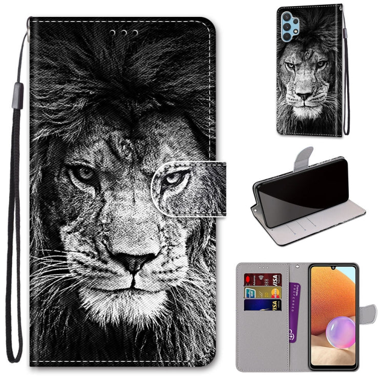 For Samsung Galaxy A32 4G / A32 Lite Coloured Drawing Cross Texture Horizontal Flip PU Leather Case with Holder & Card Slots & Wallet & Lanyard(Black White Lion Head) by buy2fix