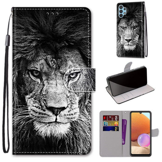 For Samsung Galaxy A32 4G / A32 Lite Coloured Drawing Cross Texture Horizontal Flip PU Leather Case with Holder & Card Slots & Wallet & Lanyard(Black White Lion Head) by buy2fix