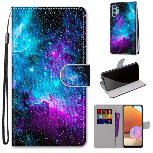 For Samsung Galaxy A32 4G / A32 Lite Coloured Drawing Cross Texture Horizontal Flip PU Leather Case with Holder & Card Slots & Wallet & Lanyard(Purple Green Starry Sky) - Galaxy Phone Cases by buy2fix | Online Shopping UK | buy2fix