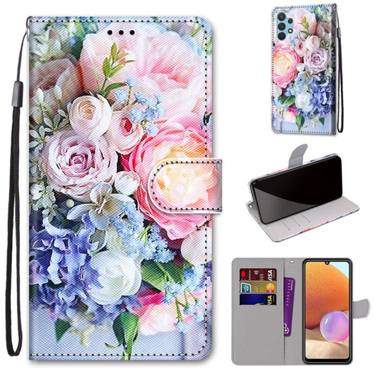 For Samsung Galaxy A32 4G / A32 Lite Coloured Drawing Cross Texture Horizontal Flip PU Leather Case with Holder & Card Slots & Wallet & Lanyard(Light Pink Bouquet) - Galaxy Phone Cases by buy2fix | Online Shopping UK | buy2fix