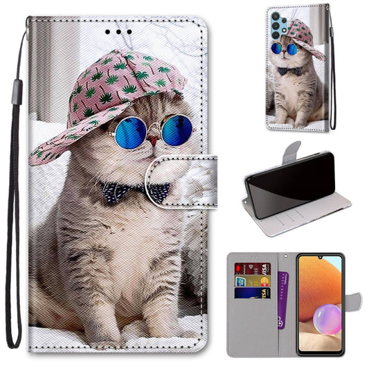 For Samsung Galaxy A32 4G / A32 Lite Coloured Drawing Cross Texture Horizontal Flip PU Leather Case with Holder & Card Slots & Wallet & Lanyard(Slant Hat Blue Mirror Cat) - Galaxy Phone Cases by buy2fix | Online Shopping UK | buy2fix